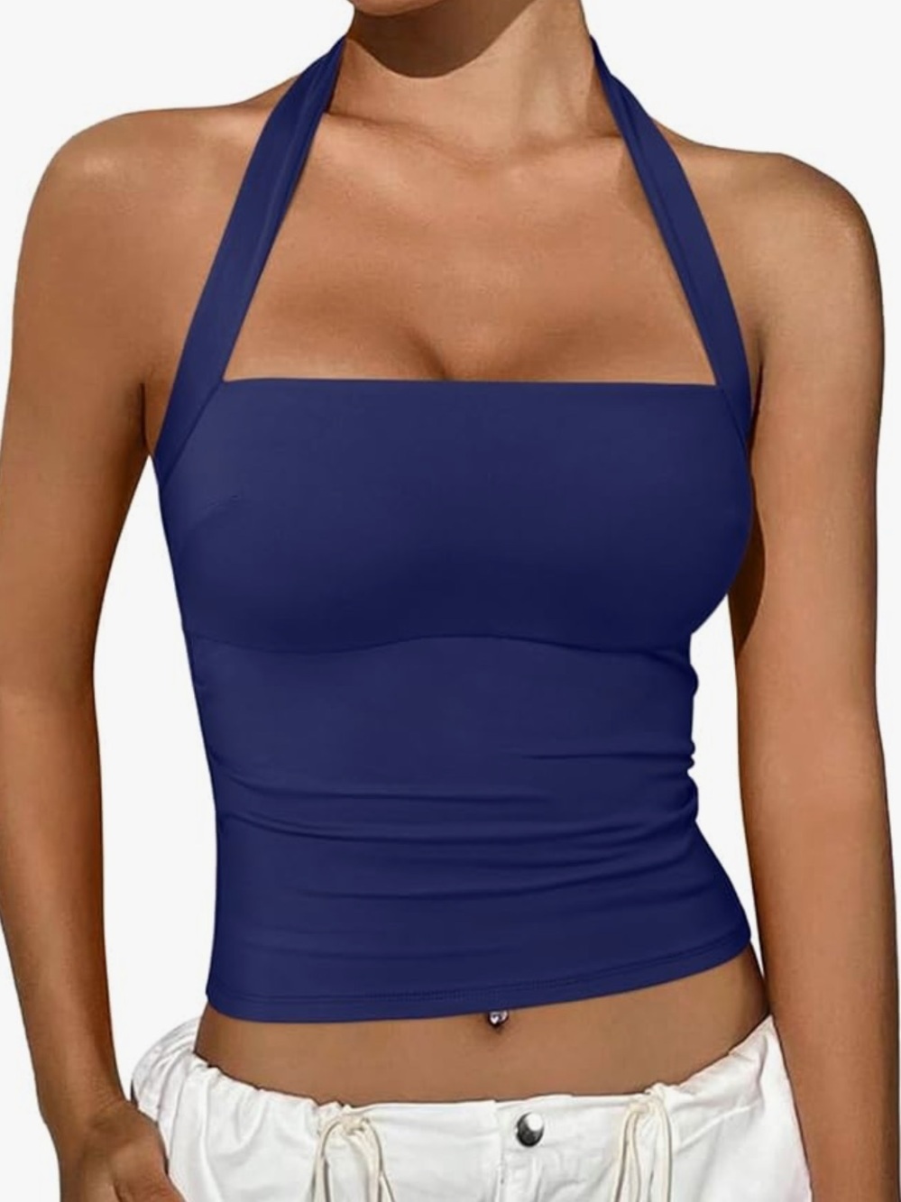 REORIA Blue Stretchy Cropped Halter Top Summer Sleeveless Y2K Size Large